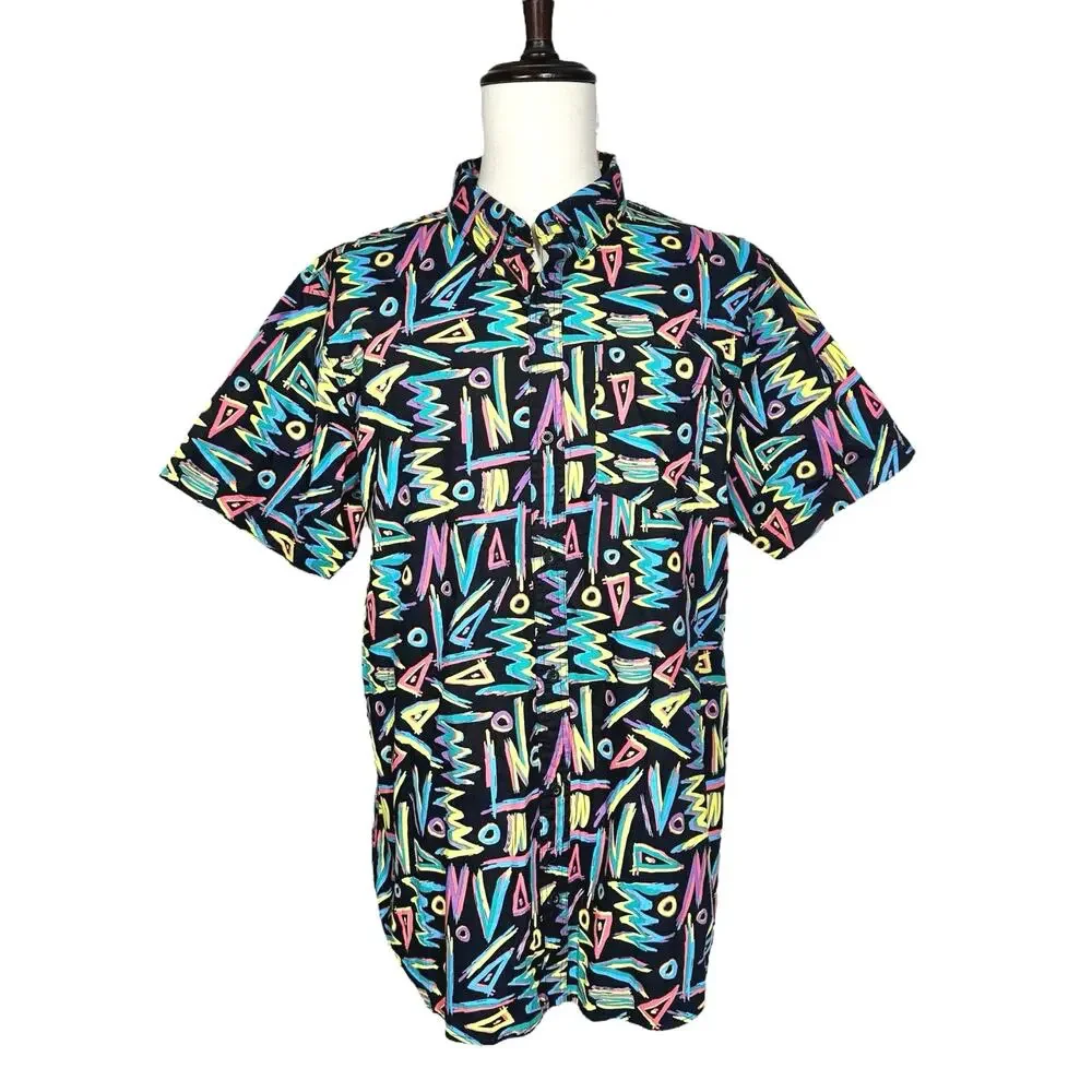Empyre | Men | Neon Graffiti 90s Style Short Sleeve Button Down Shirt | Size XL